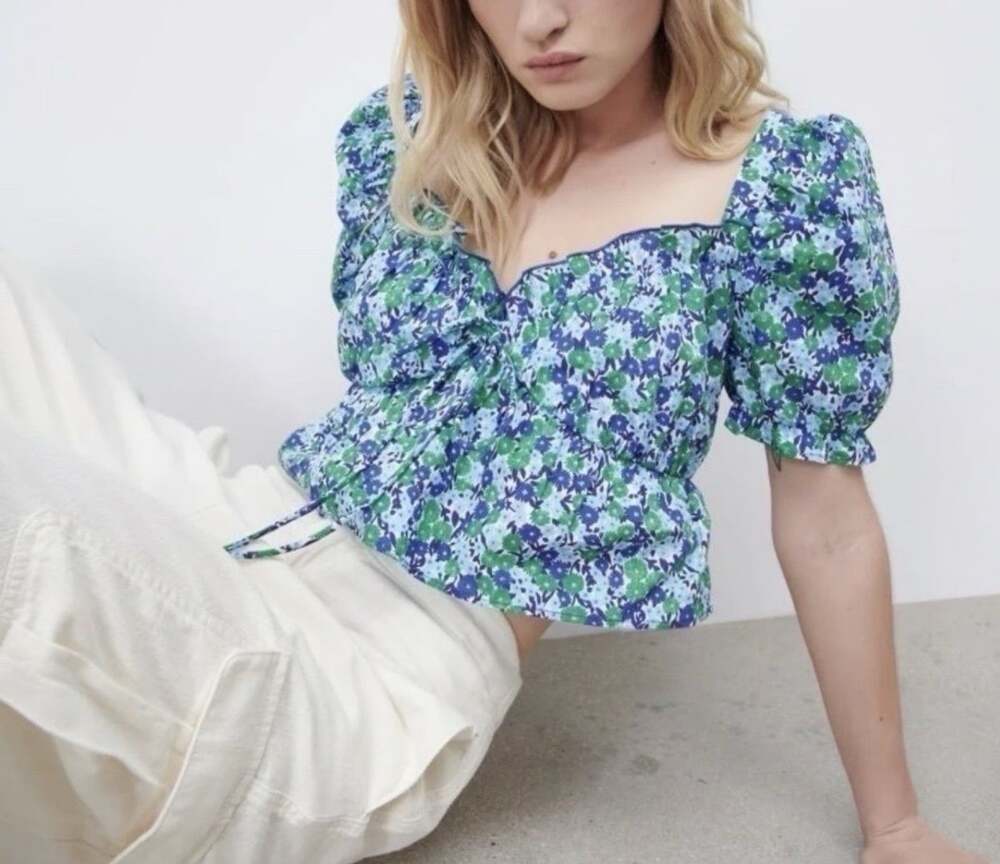 ZARA Womens M Floral Crop Top Puff Short Sleeve Shirt 100% Cotton Blouse Boho
